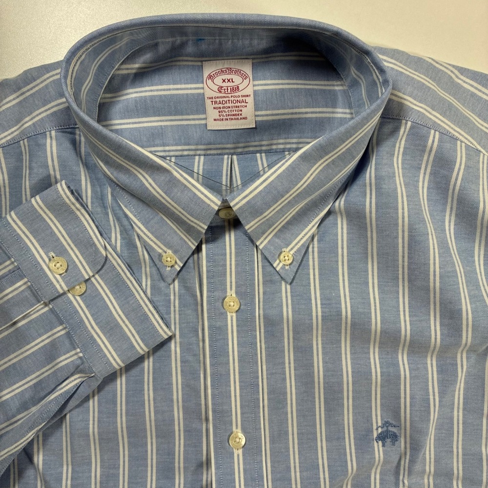 NEW Brooks Brothers Oxford Shirt 2XL Blue White Striped Non-Iron Stretch Button